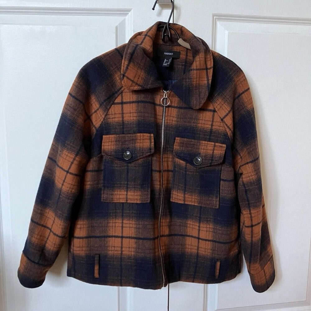 Forever 21 Fleece Plaid Jacket Womens M Full Zip Brown‎ Blue Fall Shacket
